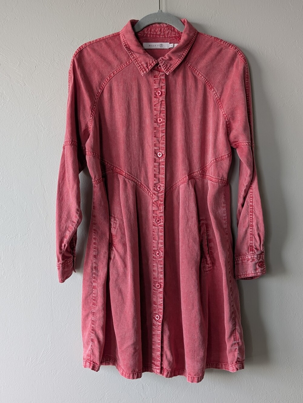 Billy T Washed Chambray Dusty Red Collared Shirt Dress Mini Lyocell Size S